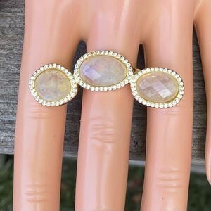 NWOT New Marcia Moran White Druzy 3 Stone Ring w/Crystals/Rhinestones 8-10